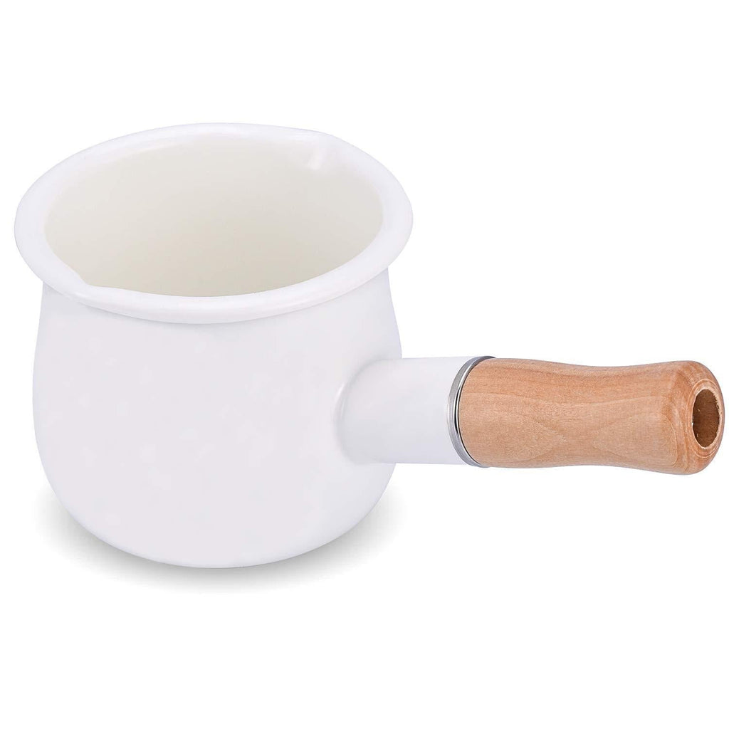 YumCute Home Enamel Milk Pan, Mini Butter Warmer 4 Inch 550ml Enamelware Saucepan Small Cookware with Wooden Handle, Perfect Size for Heating Smaller Liquid Portions. (White) White - NewNest Australia