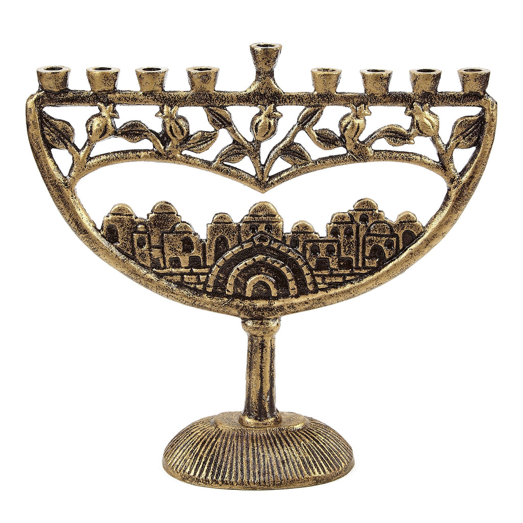 NewNest Australia - Ner Mitzvah Vintage Aluminum Candle Menorah - Fits All Standard Chanukah Candles - Ancient Jerusalem Design with Antique Gold Finish 