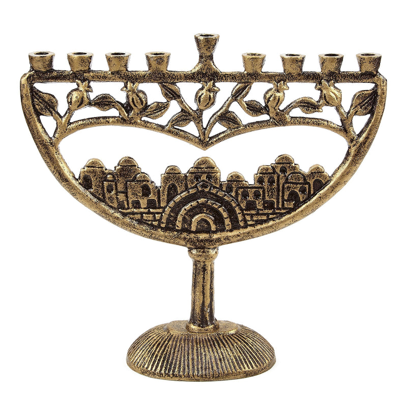 NewNest Australia - Ner Mitzvah Vintage Aluminum Candle Menorah - Fits All Standard Chanukah Candles - Ancient Jerusalem Design with Antique Gold Finish 