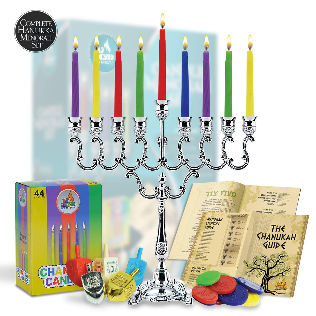 NewNest Australia - Hanukkah Menorah Complete Set - Menorah - Candles - Dreidels - Chanukah Guide 