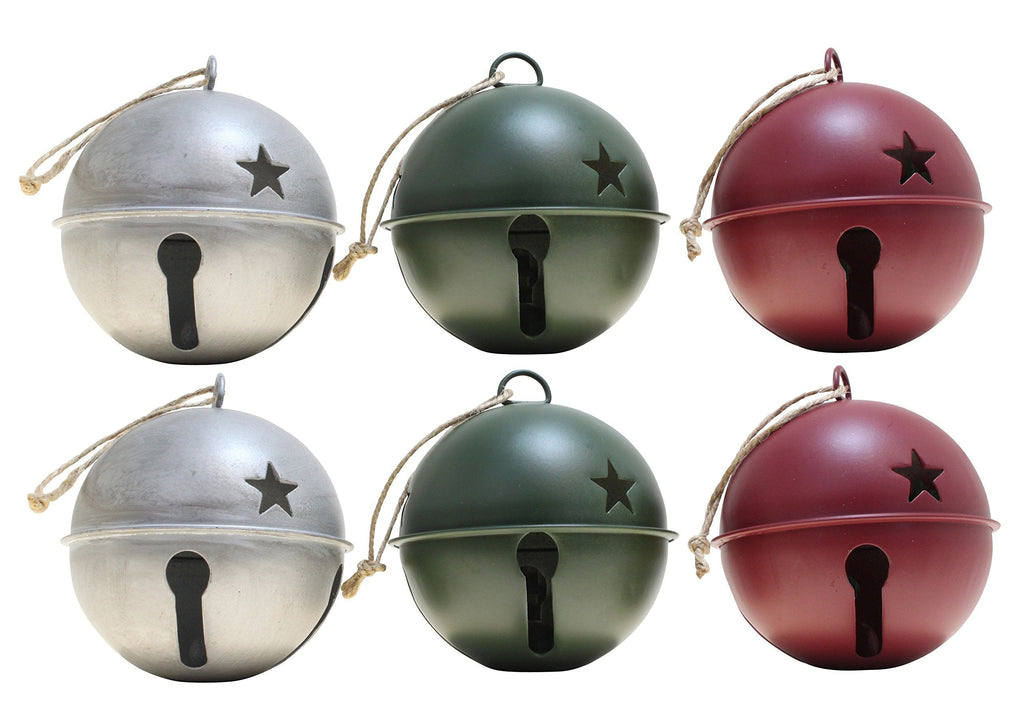 NewNest Australia - Haute Decor Jingle Bell Ornaments, 3.35-inch Diameter, 6-Pack (Assorted (Silver, Red & Green)) Assorted (Silver, Red & Green) 