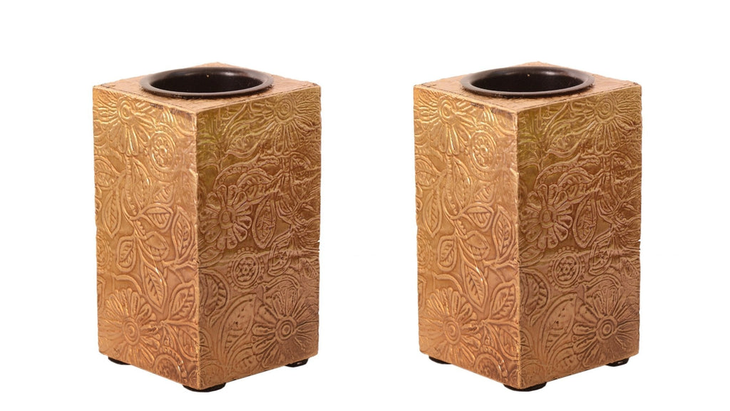 NewNest Australia - Purpledip Wooden T Light Candle Holders with Brass Sheet Cover (Set of 2) Golden, Indian Souvenir, Gift (10997) 