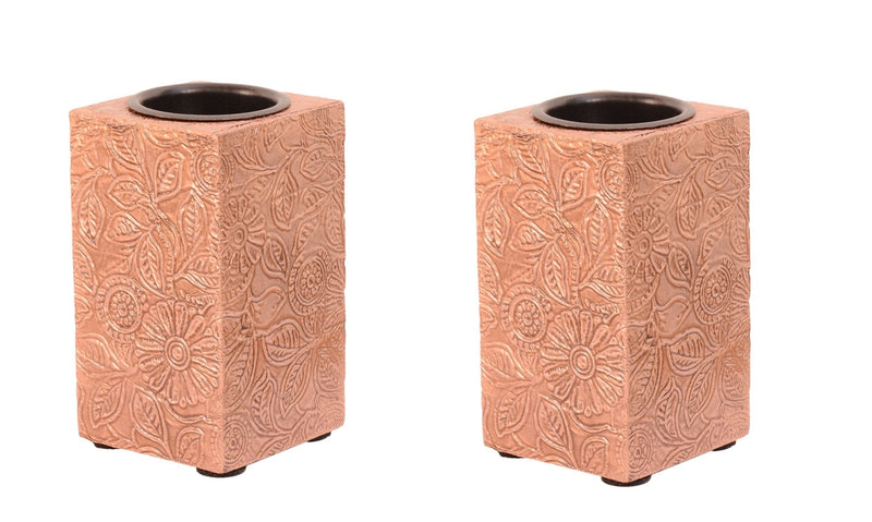 NewNest Australia - Purpledip Wooden T Light Candle Holders with Brass Sheet Cover (Set of 2) Copper, Indian Souvenir, Gift (10998) 