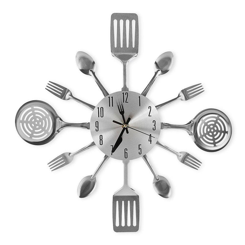 NewNest Australia - CIGERA 16 Inch Large Kitchen Wall Clocks with Spoons and Forks,Great Home Decor and Nice Gifts,Sliver Sliver 