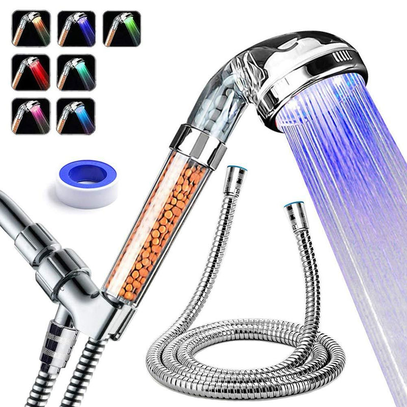 PRUGNA LED Shower Head with Hose and Shower Arm Bracket, High-Pressure Filter Handheld Shower for Repair Dry Skin and Hair Loss - Color Changes Cyclically - NewNest Australia