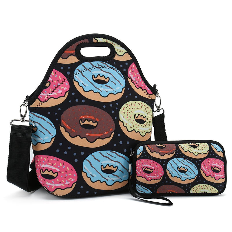 NewNest Australia - Insulated Neoprene Lunch Bag-Removable Shoulder Strap-X Large Size Reusable Thermal Thick Lunch Tote/Lunch Box/Cooler Bag with Wallet Pouch for Adults,Kids,Women,Men Teens,Girls,Baby (Bread Donuts) 