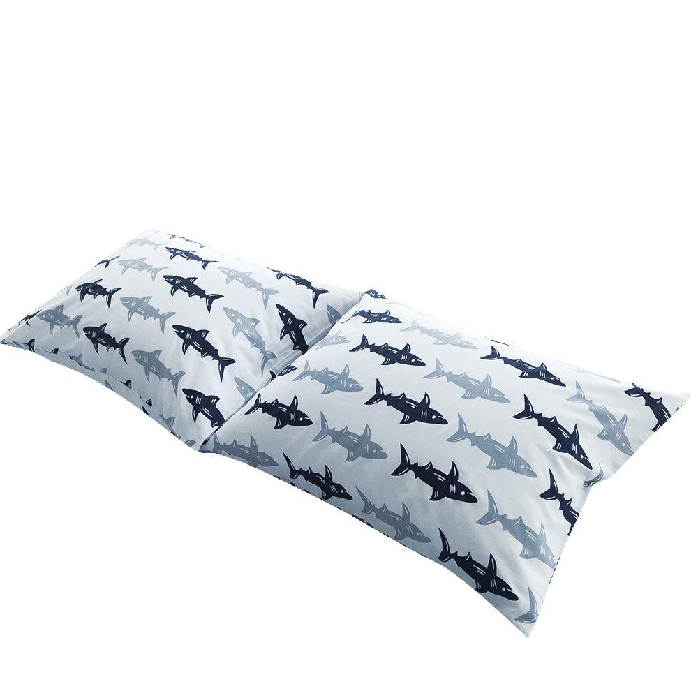 BuLuTu Cotton Navy/Grey Shark Print Bed Pillowcases Set of 2 Queen White Fish Pillow Covers Decorative Standard For Boys Girls Envelope Closure End-Premium,Breathable,Hypoallergenic (2 Pieces,20"×26") Standard/Queen (20"×26",2 Pieces) - NewNest Australia