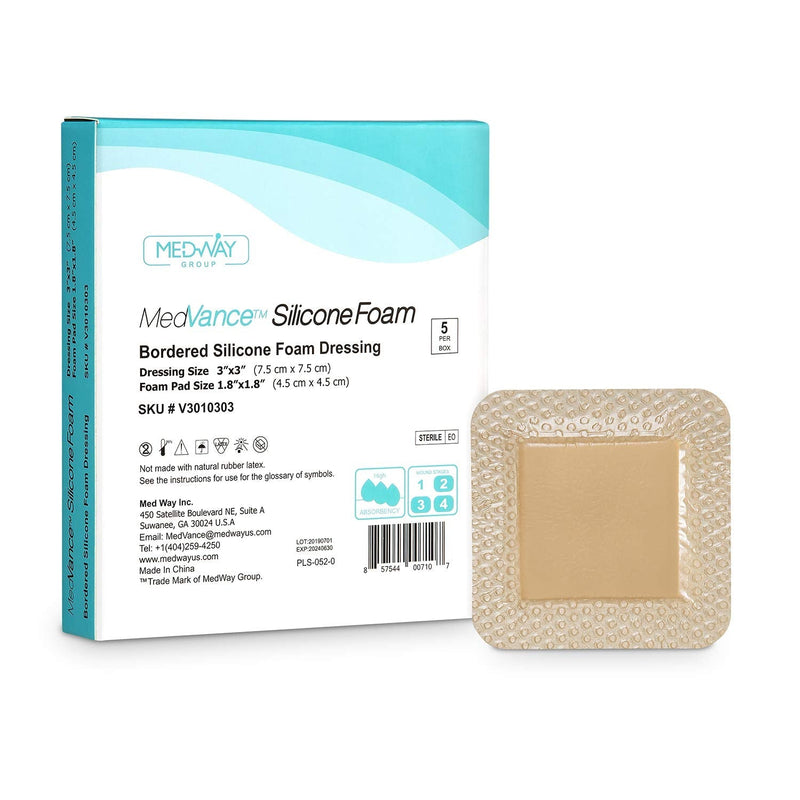 MedVanceTM Silicone - Bordered Silicone Adhesive Foam Dressing, Size 3"x3", (1.8"x1.8" pad), Box of 5 dressings 3x3 Inch - NewNest Australia
