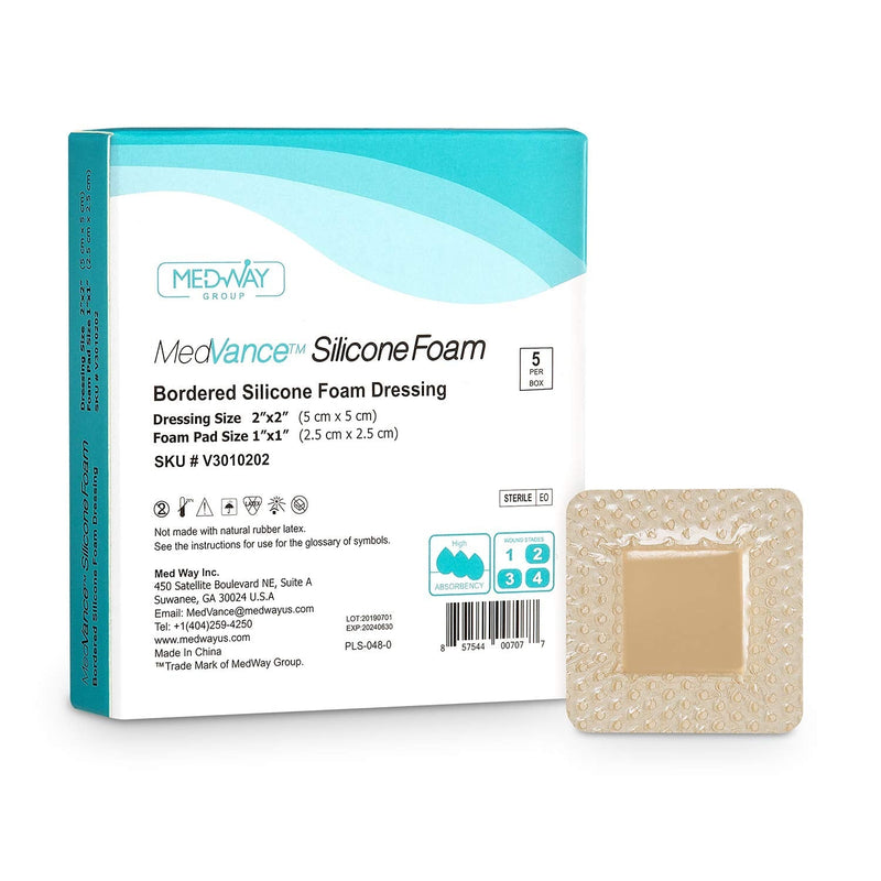 MedVanceTM Silicone - Bordered Silicone Adhesive Foam Dressing Size 2"x2" (1"x1" Pad), Box of 5 dressings 2"x 2" (1"x1" Pad) - NewNest Australia