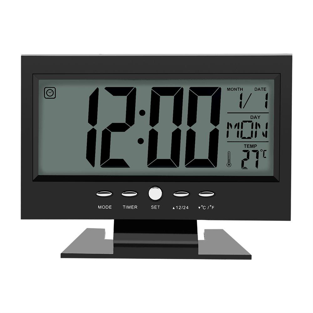 NewNest Australia - Yosoo Multifunction Sound Control Large LCD Screen Digital Clock Table Desk Alarm Clock Sound Sensor Time/Calendar/Week/Temperature Display Snooze(Black) Black 