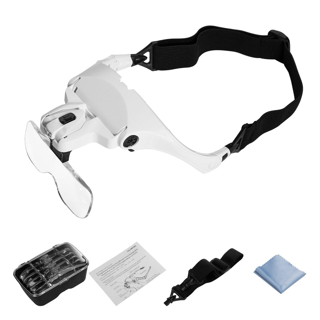 Headband Magnifier with LED Light, Head Mount Magnifier Glasses Light Bracket for Handsfree Reading Jewelry Loupe Watch Repair Sewing Lash Extension Dentist Tailor Needle Work,5 Replaceable Lenses - NewNest Australia