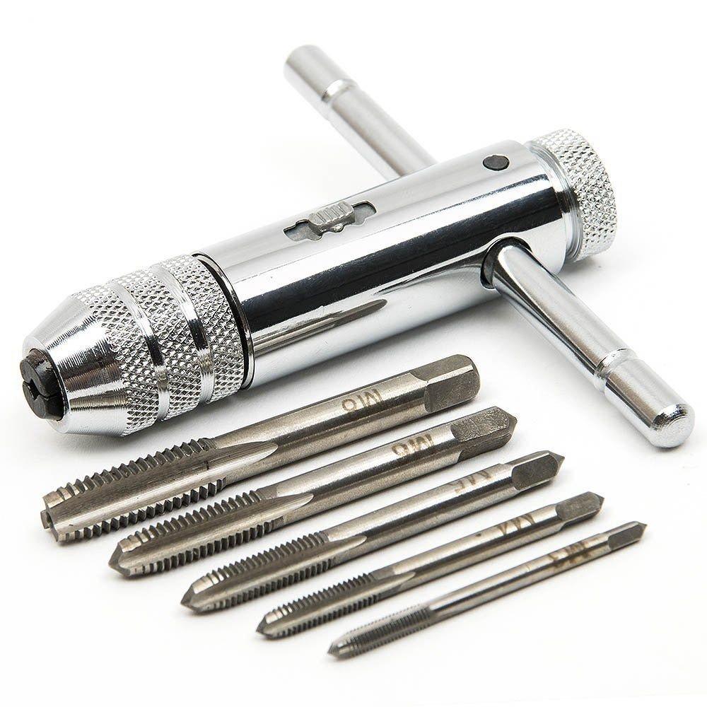 QISF Adjustable Silver T-Handle Ratchet Tap Holder Wrench with 5pcs M3-M8 3mm-8mm Machine Screw Thread Metric Plug T-shaped Tap - NewNest Australia