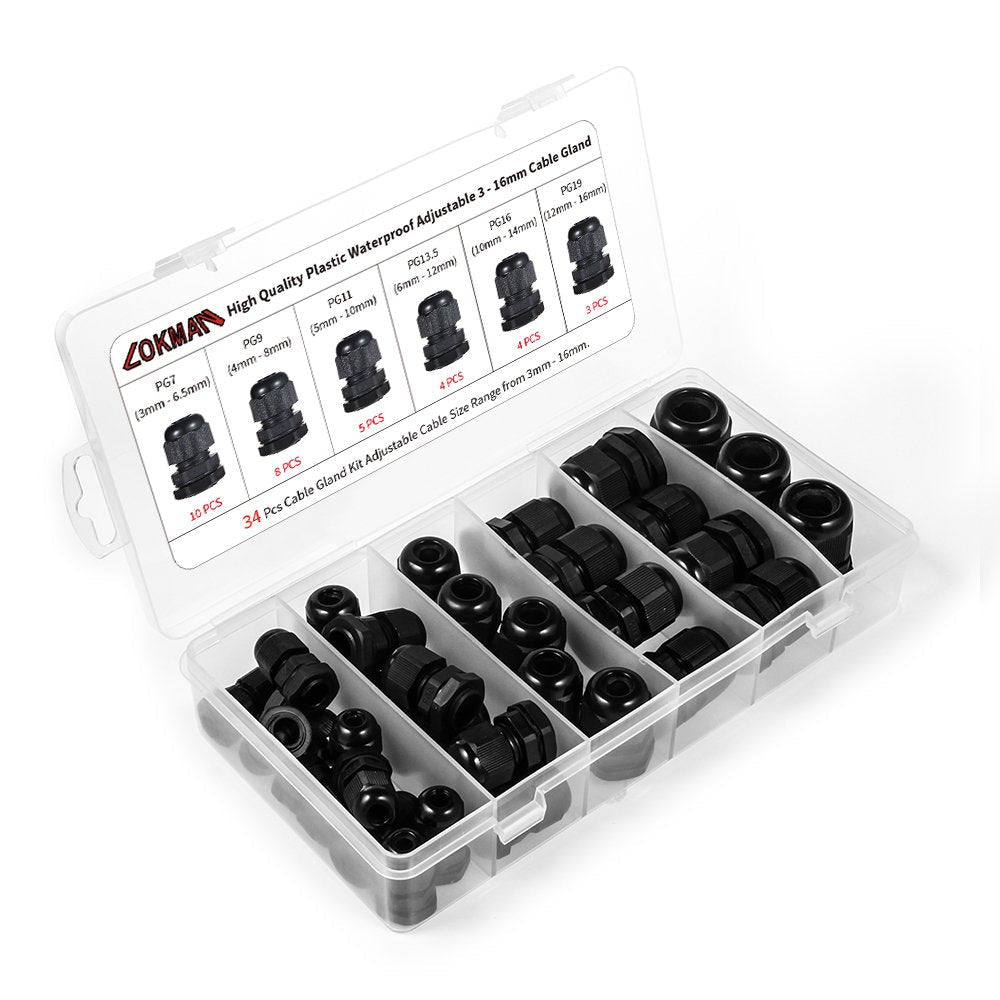 Cable Gland -LOKMAN 34 Pack Plastic Waterproof Adjustable 3-16mm Cable Connectors Cable Gland Joints With Gaskets, PG7, PG9, PG11, PG13.5, PG16,PG19 With Durable PP Storage Case (Cable gland kit) Cable gland kit 1 - NewNest Australia