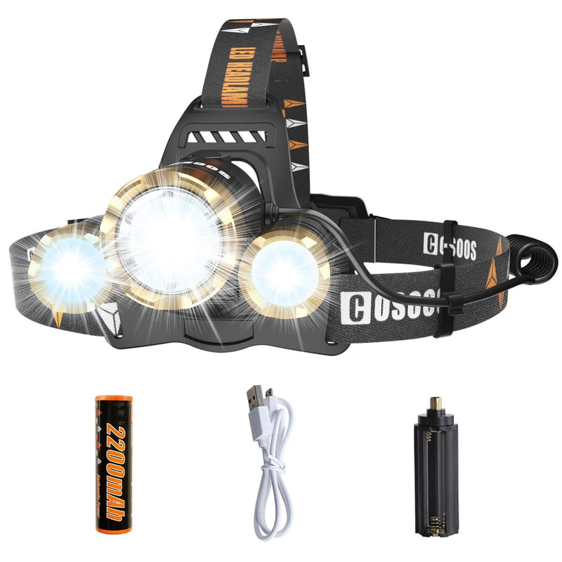 LED Headlamp Flashlight, COSOOS Rechargeable Headlamp with Red Safety Light, 2500 Lumen Xtreme Bright, Zoomable 4-Mode Head Lamp for Adults, Hardhat, Support AAA Battery, Li-ion Battery Included - NewNest Australia