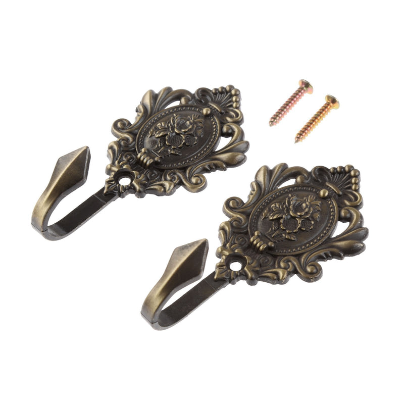 NewNest Australia - Hicello 2Pcs Wall Hooks Bronze Rose Pattern Carved Vintage Drapery Clothes Key Hook Bathroom Bedroom Multi-Function Decorative Hook with Screws 