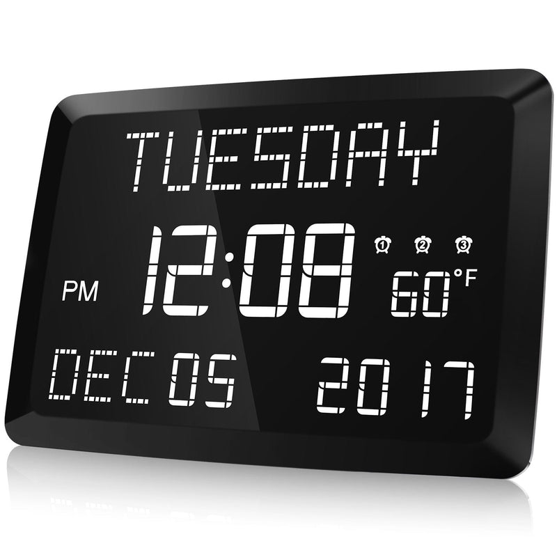 NewNest Australia - Digital Clock, Raynic 11.5" Large LED Word Display Dimmable Digital Wall Clock,Adjustable Brightness Digital Alarm Clock with Day and Date,Indoor Temperature,Snooze,12/24H,DSTfor Home, Office,Elderly 