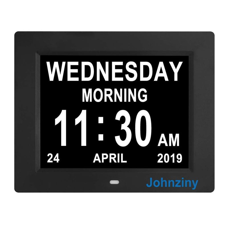 NewNest Australia - Johnziny Digital Calendar Day Clock- 8 Alarms Auto-Dim Battery Backup Extra Large Non-Abbreviated Dementia Clocks Alzheimer Memory Loss Vision Impaired Alarm Clock for Seniors Elderly 8" Black 