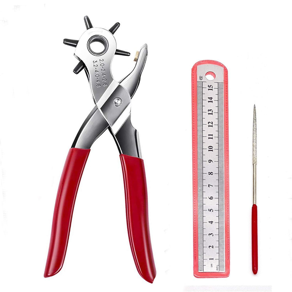 Adorox Heavy Duty 6 Size Revolving Leather Belt Hand Hole Puncher (Ruler & Deburring File Included) Red/Gray - NewNest Australia