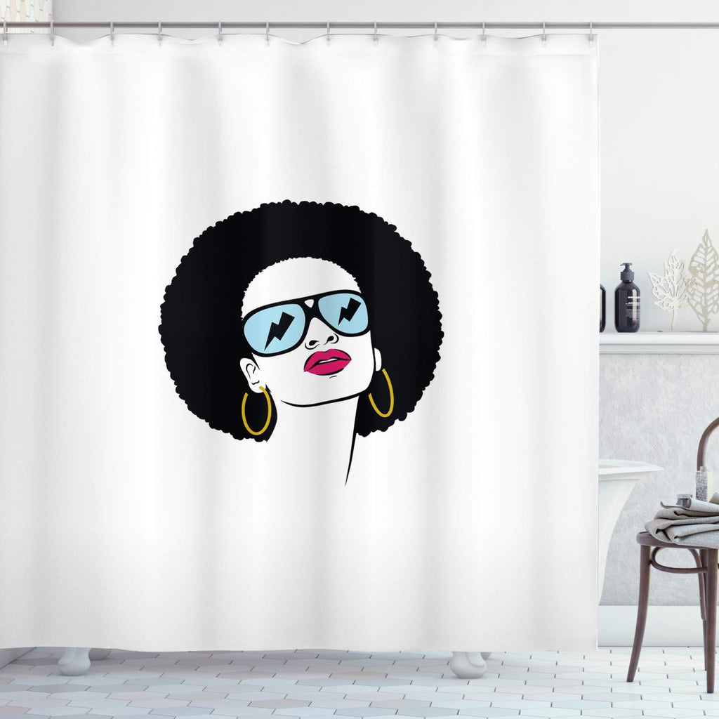 Lunarable Afro Shower Curtain, Hippie Retro Woman with Cool Sunglasses and Earrings Glamorous American Lady, Cloth Fabric Bathroom Decor Set with Hooks, 70" Long, Charcoal Blue - NewNest Australia