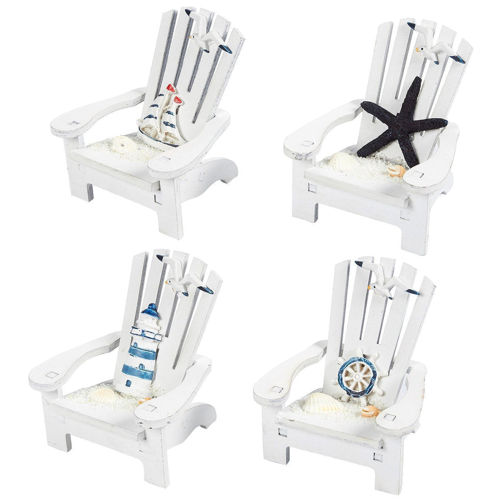 NewNest Australia - Juvale 4-Piece Mini Wooden Chair Ornament Beach Decor Nautical Decoration for Dollhouse Home Office Desk Bathroom Bedroom Decor, 4 x 3.75 x 3.75 inches 