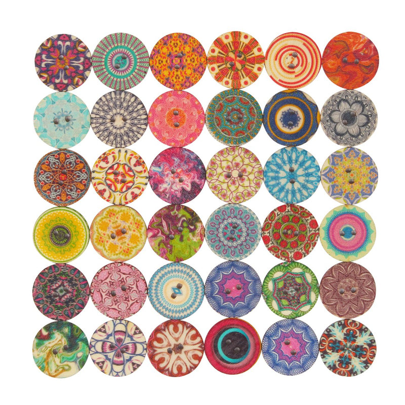 Mahaohao 100pcs Mixed Random Flower Painting Round 2 Holes Wood Wooden Buttons for Sewing Crafting 20mm - NewNest Australia