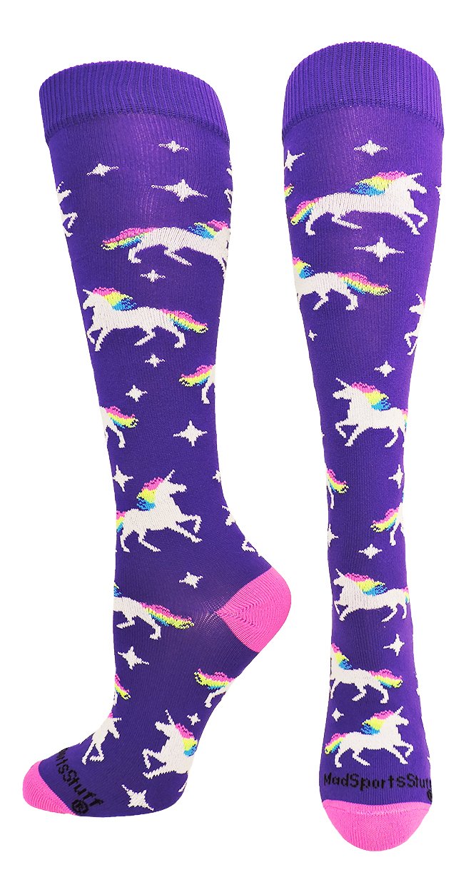 MadSportsStuff Neon Rainbow Unicorn Athletic Over the Calf Socks - for Softball Soccer - Youth and Adult Purple/Neon Pink Small - NewNest Australia