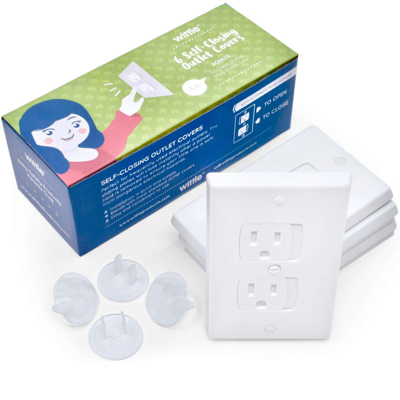 Wittle Self Closing Outlet Covers (6 White) Plus 12 Clear Plug Cover Outlet Protectors - Baby Proofing Outlets with Electrical Child Safety Kit - NewNest Australia