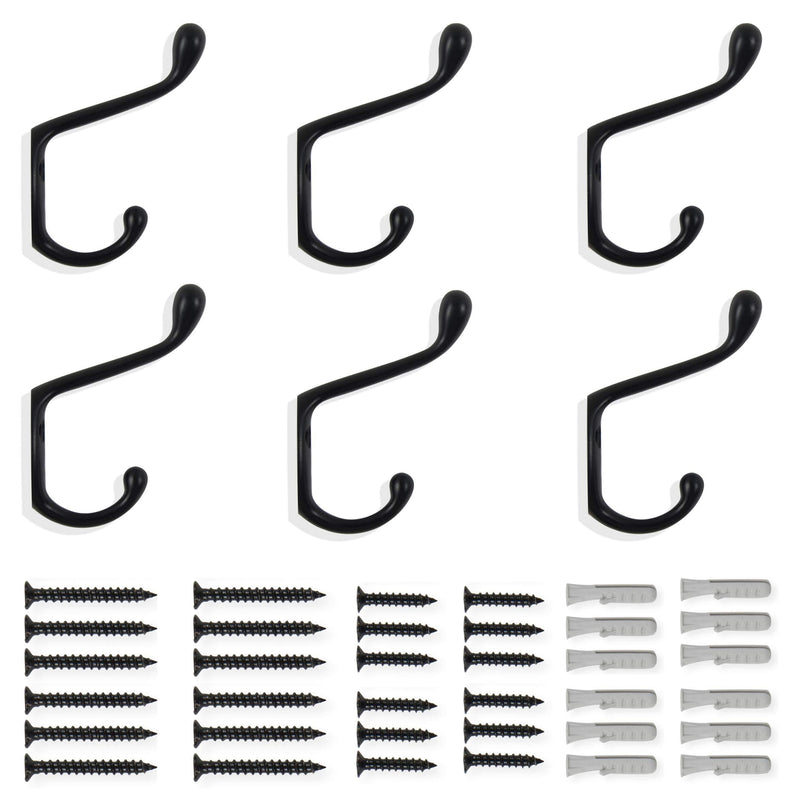 NewNest Australia - brightmaison 6 Pack Heavy Duty Dual 3.5inch Coat Hooks Wall Mounted with 24 Screws Retro Double Hooks Utility Black Hooks for Coat, Scarf, Bag, Towel, Key, Cap, Cup, Hat (Black) 