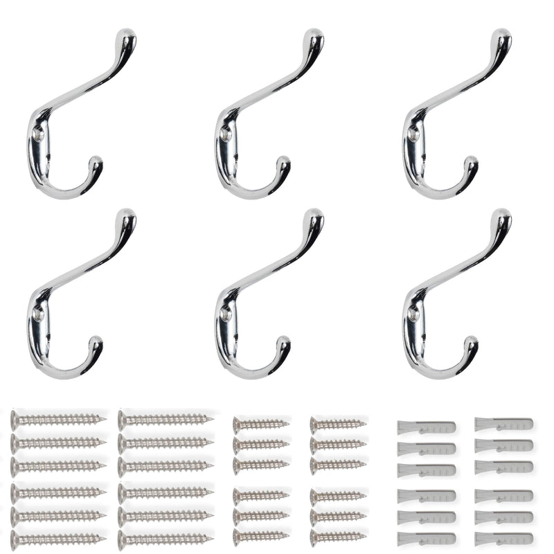 NewNest Australia - brightmaison 6 Pack Heavy Duty Dual 3.5inch Coat Hooks Wall Mounted with 24 Screws Retro Double Hooks Utility Black Hooks for Coat, Scarf, Bag, Towel, Key, Cap, Cup, Hat (Chrome) 