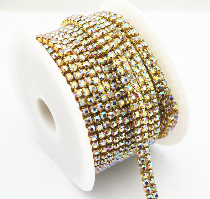 AEAOA 3 Feet 1 Yard 2 Rows Ss16 4mm Close Rhinestone Chain Trims Cup Chain Wedding Cake (Gold+AB Crystal) Gold+AB Crystal - NewNest Australia