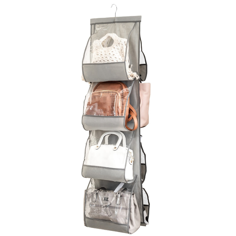 NewNest Australia - Zober Hanging Purse Organizer For Closet Clear Handbag Organizer For Purses, Handbags Etc. 8 Easy Access Clear Vinyl Pockets With 360 Degree Swivel Hook, Gray, 48” L x 13.8” W 48 L x 12 W 