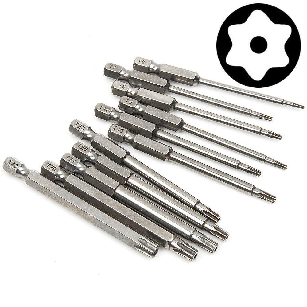 Yakamoz 11 Pcs Magnetic T6-T40 Torx Head Screw Driver Bit Set Security Tamper Proof Star 6 Point Screwdriver Drill Bits Tools with 1/4 Inch Hex Shank | 3 Inch Length 11pcs/ 75mm - NewNest Australia