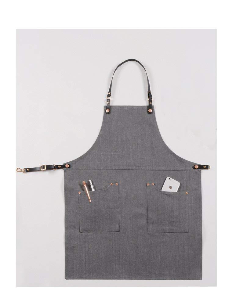 Luchuan Cotton Grey Denim Restaurant Work Aprons with the Adjustable Genuine Leather Belt (style 1 : 33.8"x 25") style 1 : 33.8"x 25" - NewNest Australia