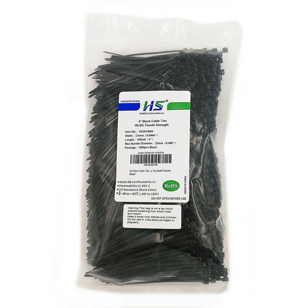 HS Durable Plastic Zip Ties 4 Inch (Bulk-1000 Pack) Small Zip Ties Thin 18 Lbs Self-Locking Nylon Ties for Electronics Organizer, Wire Zip Ties Black black 4"1000 - NewNest Australia