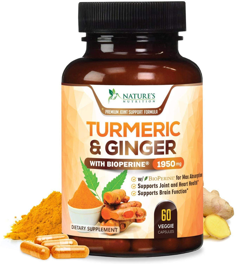 Turmeric Curcumin with BioPerine & Ginger 95% Curcuminoids 1950mg - Black Pepper for Absorption, Made in USA, Natural Immune Support, Turmeric Ginger Supplement by Natures Nutrition - 60 Capsules 60 Count (Pack of 1) - NewNest Australia