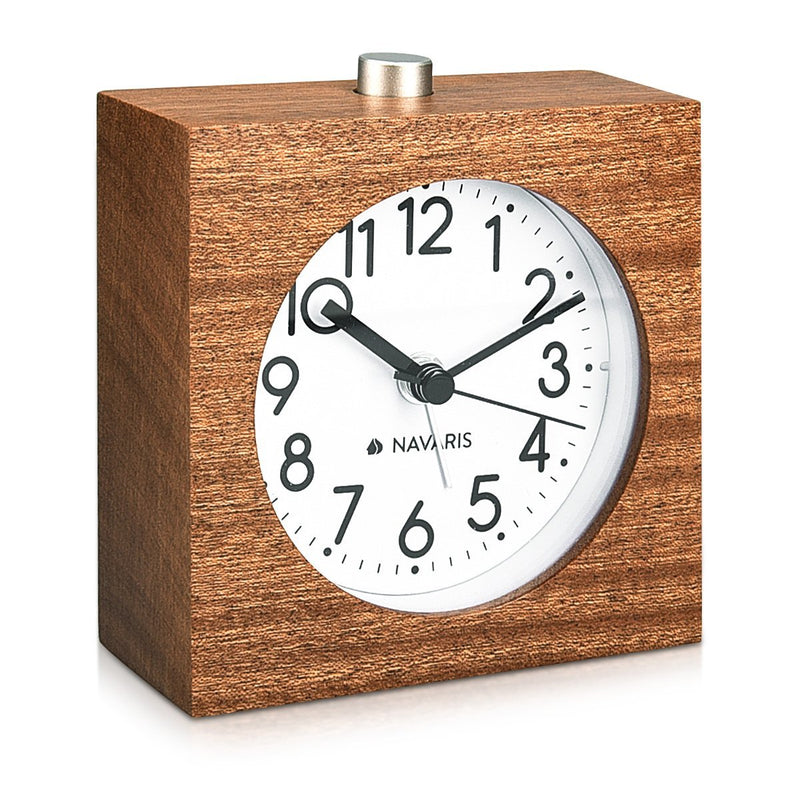 NewNest Australia - Navaris Wood Analog Alarm Clock - Square Battery-Operated Non-Ticking Clock with Snooze Button and Light - Dark Brown 