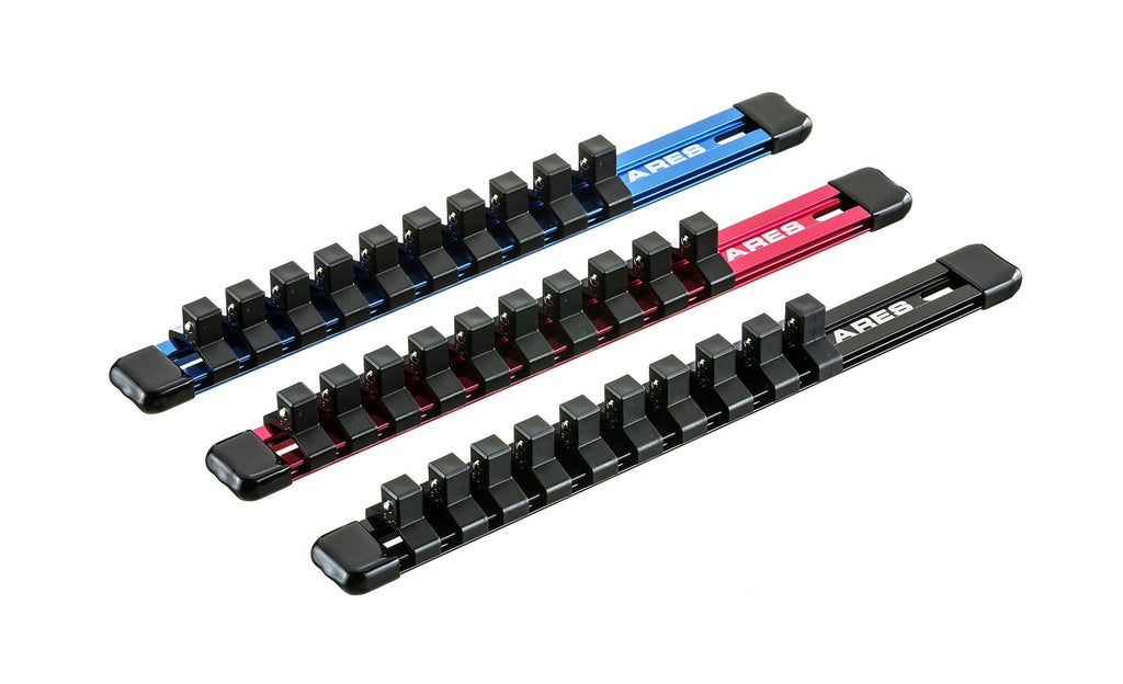 ARES 70355 - 3-Piece 3/8-Inch Drive 9.84-Inch Socket Organizer Set - Store up to 10 Sockets on Each Rail and Keep Your Tool Box Organized 3pc Set 3/8" Drive 9.84" Aluminum Socket Rails Red, Blue, Black - NewNest Australia