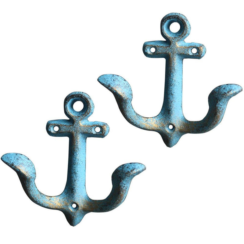 NewNest Australia - KiaoTime Set of 2 Blue Vintage Rustic Cast Iron Nautical Anchor Design Wall Hooks Coat Hooks Rack, Decorative Wall Mounted Antique Shabby Chic Metal Home Bath Room Towel Coat Hooks Hanger 