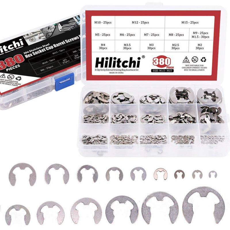 Hilitchi 380-Pcs [14-Size] E-Clip Circlip External Retaining Ring Assortment Set - 304 Stainless Steel - NewNest Australia