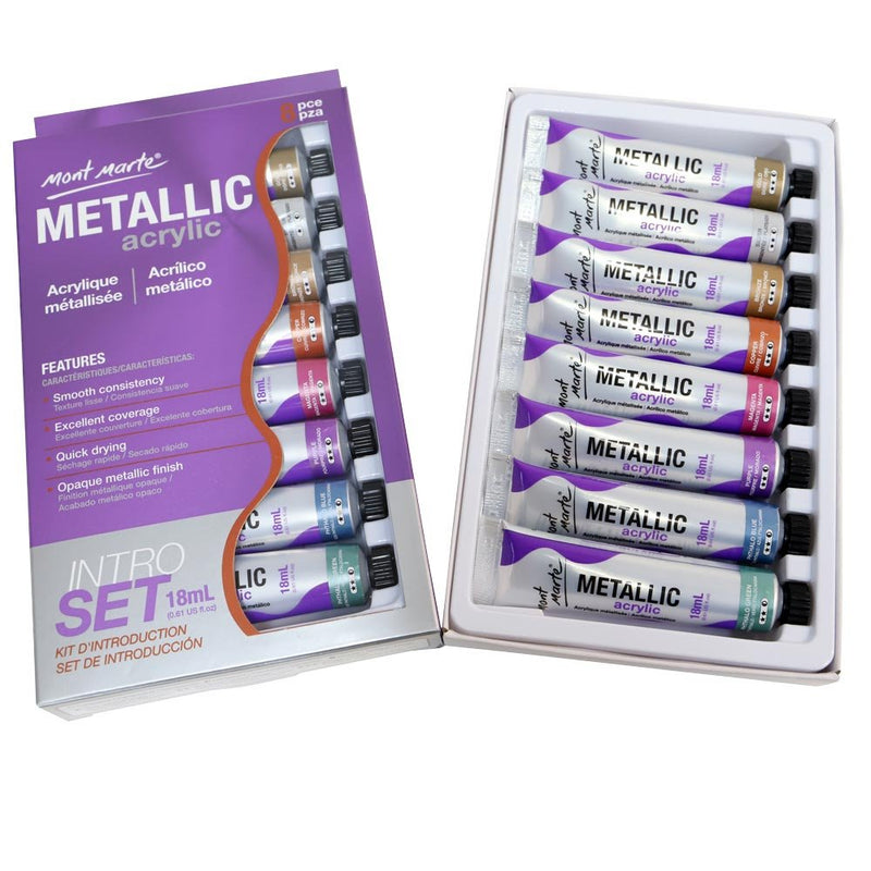 Mont Marte Metallic Acrylic Paint Set 8 Piece x 18 ml Tubes, Lightfast Colors with Smooth Consistency and Opaque Metallic Finish. 8 mixed colors 0.6 Fl Oz (Pack of 8) - NewNest Australia