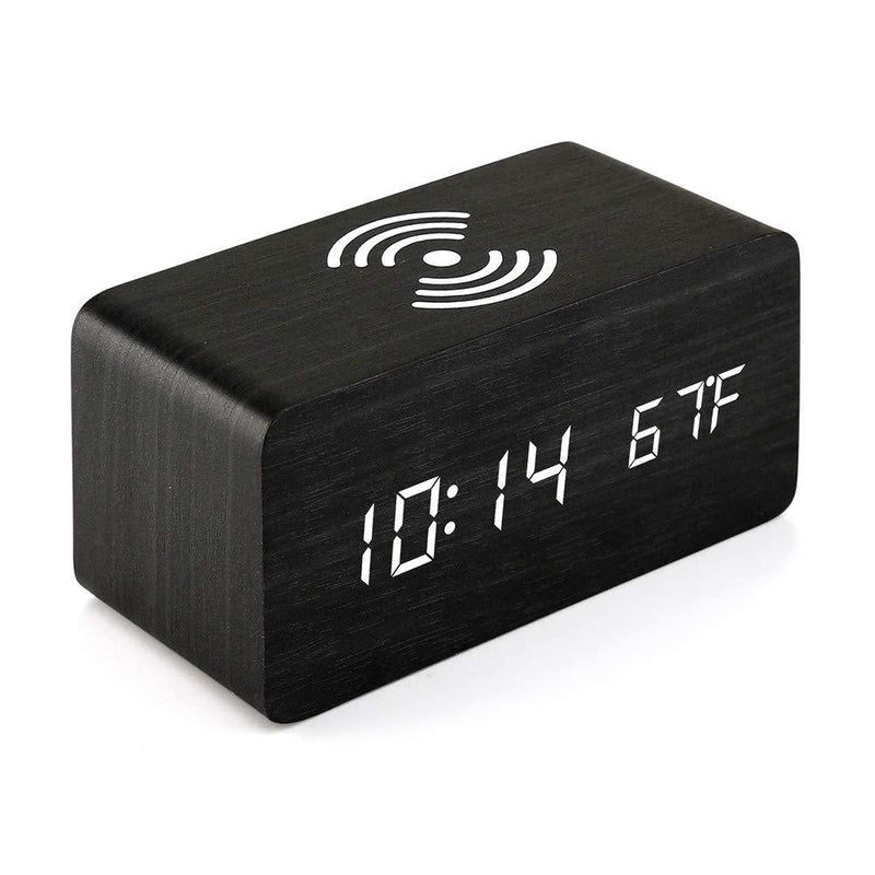 NewNest Australia - Oct17 Wooden Alarm Clock with Qi Wireless Charging Pad Compatible with iPhone Samsung Wood LED Digital Clock Sound Control Function, Time Date, Temperature Display for Bedroom Office Home - Black 