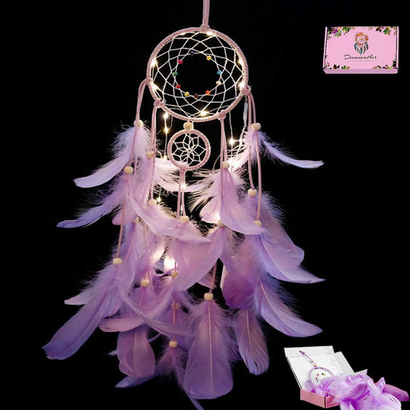 NewNest Australia - LED Dream Catcher Purple Feather Chandelier Ornaments Handmade Indian Wall Decoration for Wall Decor Hanging Home Decor 20 inch (Purple +Lights) 