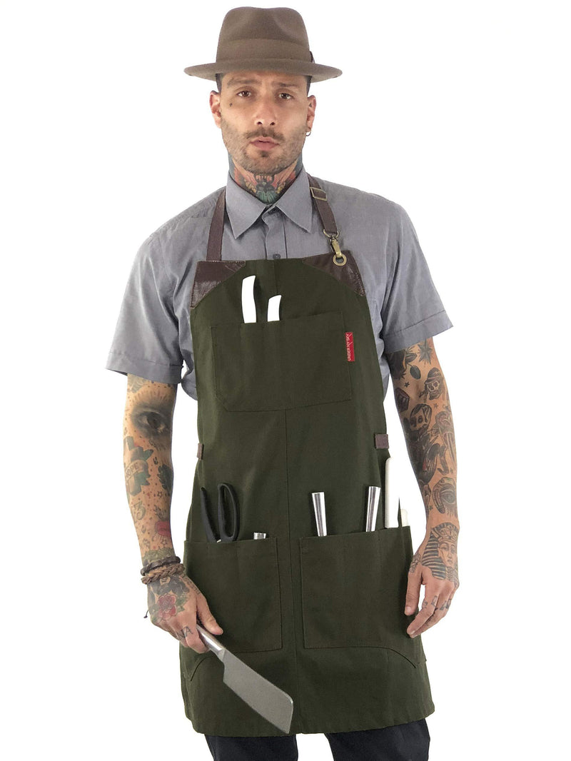 Under NY Sky Knife-Roll Forest Green Apron – Heavy-Duty Canvas, Leather Reinforcement – Adjustable for Men and Women – Pro Chef, Barbecue, Butcher, Bartender, Woodworker, Tool Aprons - NewNest Australia