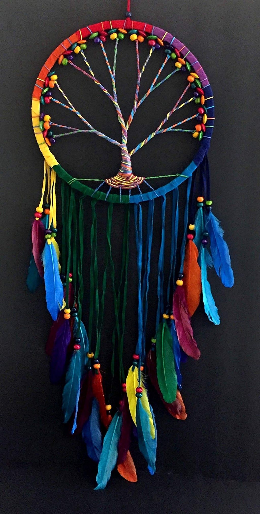 NewNest Australia - OMA Dream Catcher - Tree of Life Rainbow Chakra Suede Dreamcatcher with Feathers & Wood Beads Tie Dye - Large Size - 36" Long x 11" Diameter Brand (Rainbow) Rainbow/ Chakra 