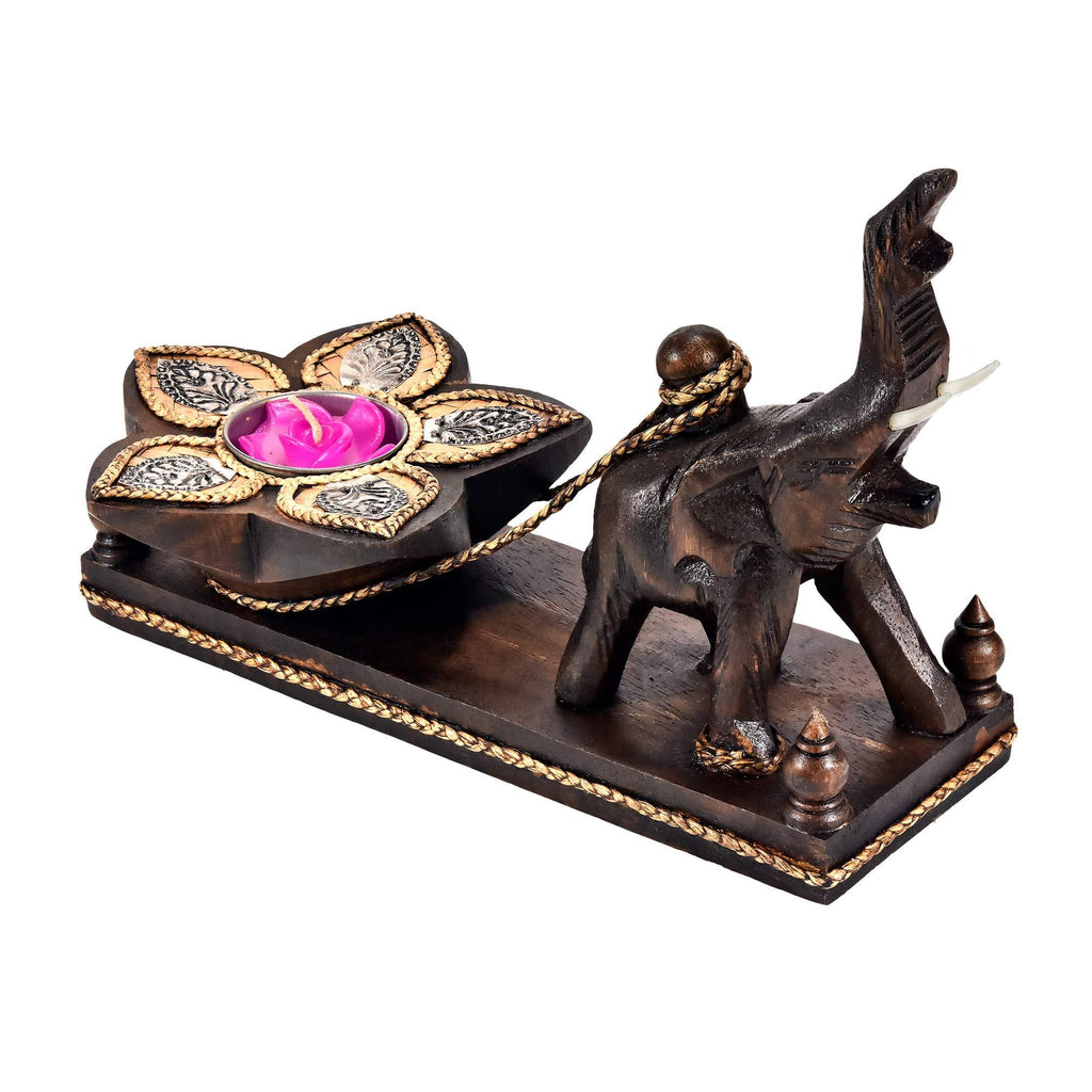 NewNest Australia - AeraVida Energetic Hand Carved Elephant Towing a Flower Candle Holder 