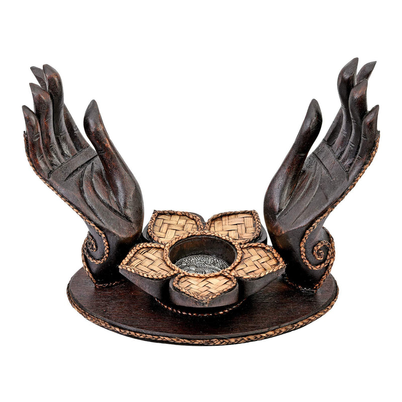 NewNest Australia - Blessed Pair of Open Hands Lotus Flower Rain Tree Wood Candle Holder Brown 