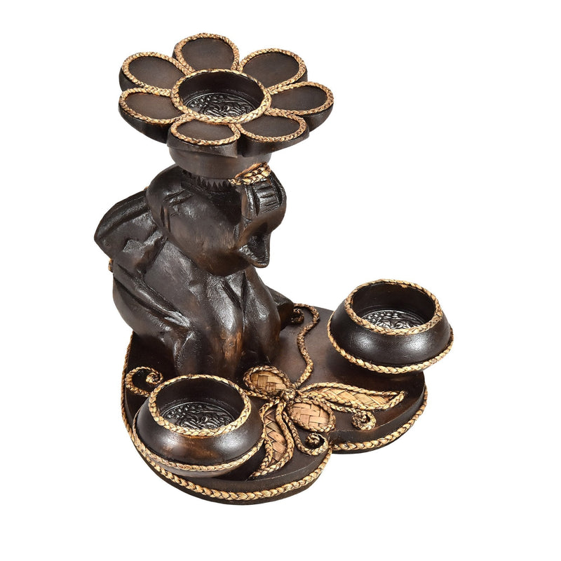 NewNest Australia - AeraVida Playful Hand Carved Elephant Under a Flower for Three Candles Holder 