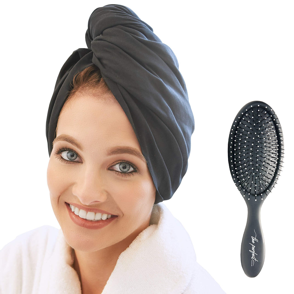 NewNest Australia - Ultra-Fine Microfiber Hair Towel Wrap - The Perfect Haircare - Anti-frizz Fast Drying Turban with Wet/Dry Brush Black 