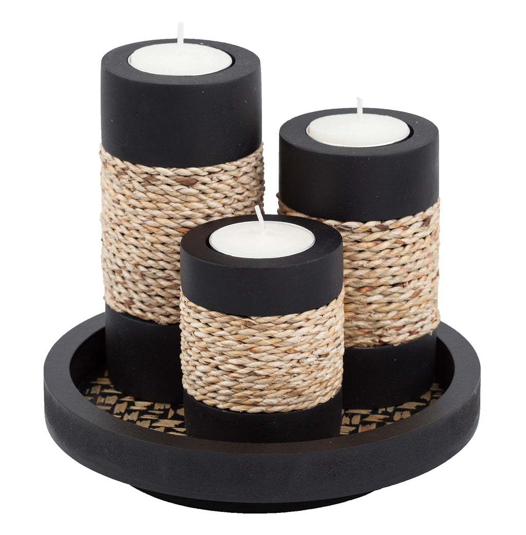 NewNest Australia - IYARA CRAFT Tealight Candle Holders with Candle Tray Set of 3 Decorative Candle Holders Matte Wood Finish with Small Rope Decoration 