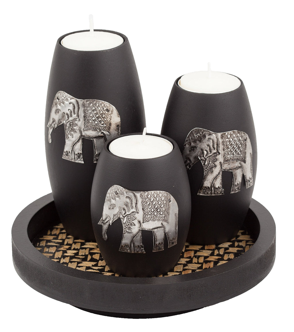 NewNest Australia - IYARA CRAFT Tealight Candle Holders with Candle Tray Set of 3 Decorative Candle Holders Matte Wood Finish with Inlaid Aluminum Antique Elephant Intricate Details 